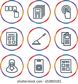 Press icons set. set of 9 press outline icons such as push button, news, touchscreen, arm lever, censored woman, door bell