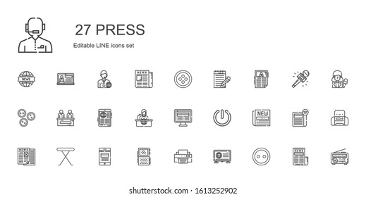 press icons set. Collection of press with button, news, printer, voice recorder, iron table, newspaper, power, news report, buttons, journalist. Editable and scalable press icons.
