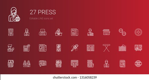 press icons set. Collection of press with news reporter, news, iron table, journalist, newspaper, keyboard, news report, button, buttons, printer. Editable and scalable press icons.