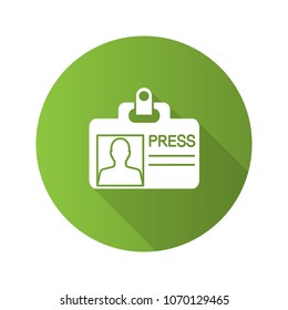 Press ID card flat design long shadow glyph icon. Journalist badge. Vector silhouette illustration
