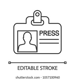 Press ID card linear icon. Thin line illustration. Journalist badge. Contour symbol. Vector isolated outline drawing. Editable stroke
