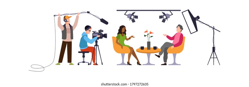 Press interview with cameraman. Operator holds camera, man with microphone and reporter speaks with guest in modern tv studio, online television industry cartoon flat vector characters