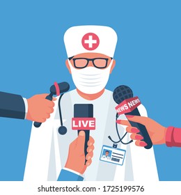 Press interview with medical doctor. Medical Conference. Doctor in a protective mask reporting. Journalists in a meeting with medicine. Vector flat design. Coronavirus Prevention Information covid-19