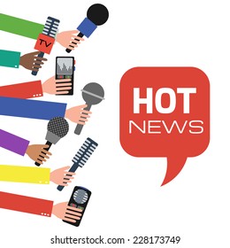 Press interview or presentation. Journalism concept illustration in flat style. Hands holding microphones and voice recorders. Hot news. Vector illustration.