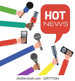 Press interview or presentation. Journalism concept illustration in flat style. Hands holding microphones and voice recorders. Hot news. Vector illustration.