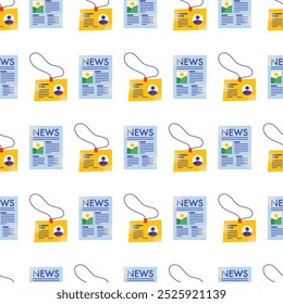 Los periodistas de Prensa conciben un patrón sin fisuras. Preguntas y noticias de los medios masivos. Diario, periodismo, artículo, oratoria y conferencia de prensa. Ilustración vectorial plana de dibujos animados aislada sobre fondo