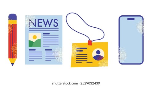 Conjunto de conceptos de periodistas de Prensa. Preguntas y noticias de los medios masivos. Diario, reportero, prensa, periodismo, artículo Oratoria y conferencia de prensa. Ilustración vectorial plana de dibujos animados aislada sobre fondo