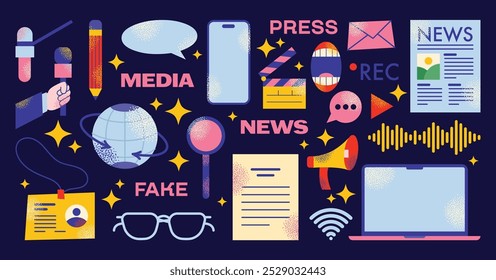 Press journalists concept set. Mass media questions and news. Diary, reporter, press, journalism, article Public speaking and press conference. Cartoon flat vector illustration isolated on background