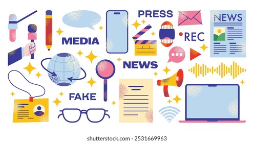 Conjunto de conceitos para jornalistas de imprensa. Perguntas e notícias da mídia de massa. Diário, repórter, imprensa, jornalismo, artigo Discurso público e conferência de imprensa. Ilustração de vetor plano de desenhos animados isolada no fundo