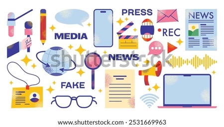 Press journalists concept set. Mass media questions and news. Diary, reporter, press, journalism, article Public speaking and press conference. Cartoon flat vector illustration isolated on background
