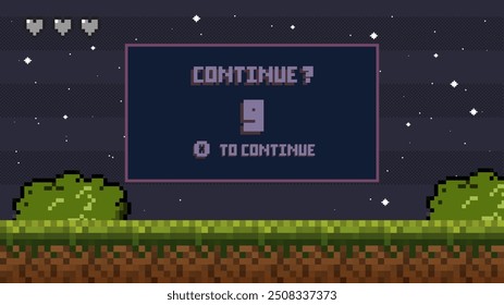 Press key  to continue playing.countdown to continue After the game over screen, retro 8 bit style.pixel art.	