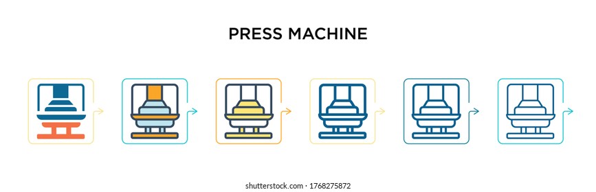 Press machine vector icon in 6 different modern styles. Black, two colored press machine icons designed in filled, outline, line and stroke style. Vector illustration can be used for web, mobile, ui