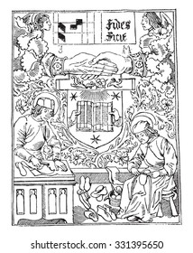 Marca de prensa de Guyot Marchant, librería, 1483-1502, ilustración vintage grabada. Magasin Pittoresque 1882.