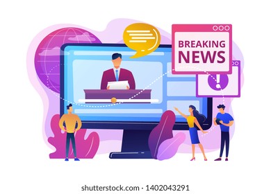 Press, Mass Media, Broadcasting Studio. Journalists, Reporters Characters. Hot Online Information, Breaking News, Headline News Content Concept. Bright Vibrant Violet Vector Isolated Illustration