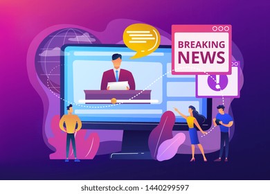 Press, mass media, broadcasting studio. Journalists, reporters characters. Hot online information, breaking news, headline news content concept. Bright vibrant violet vector isolated illustration