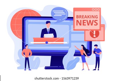 Press, mass media, broadcasting studio. Journalists, reporters characters. Hot online information, breaking news, headline news content concept. Pink coral blue vector isolated illustration