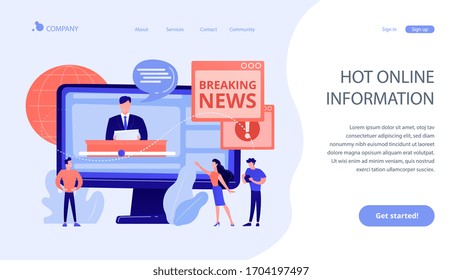 Press, mass media, broadcasting studio. Journalists, reporters characters. Hot online information, breaking news, headline news content concept. Website homepage landing web page template.