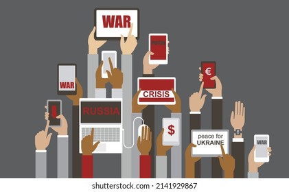 Press and mass media coverage of the war in Ukraine. Human hands holding various smart devices with war headers on their screens. flat vector illustration 
