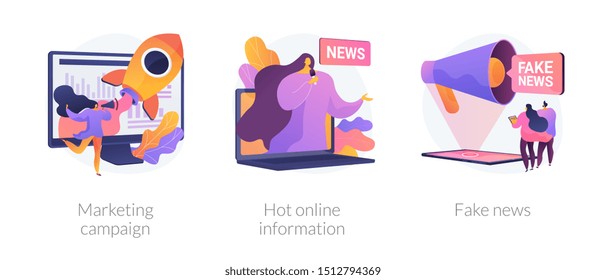 Press and mass media icons set. Propaganda newscast, untruth information spread. Yellow press, hot online information, fake news metaphors. Vector isolated concept metaphor illustrations.