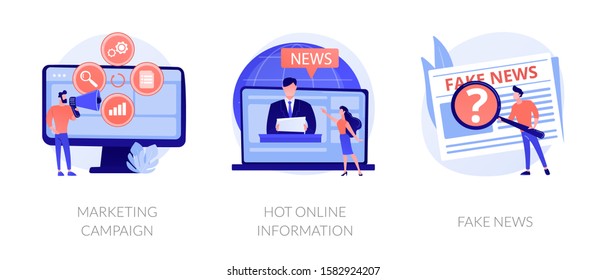 Press and mass media icons set. Propaganda newscast, untruth information spread. Yellow press, hot online information, fake news metaphors. Vector isolated concept metaphor illustrations.