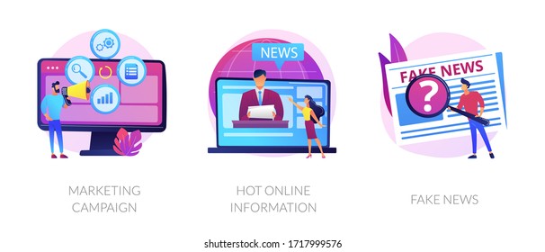Press and mass media icons set. Propaganda newscast, untruth information spread. Yellow press, hot online information, fake news metaphors. Vector isolated concept metaphor illustrations.