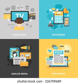 Press and media industry icons set with video photo analog and news media symbols flat isolated vector illustration 