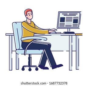 Press Media Industry, Newspaper Production Process. Worker Work In Printing House, Creating Template Of Fresh Issue Of Newspaper On The Computer. Cartoon Linear Outline Flat Style Vector Illustration