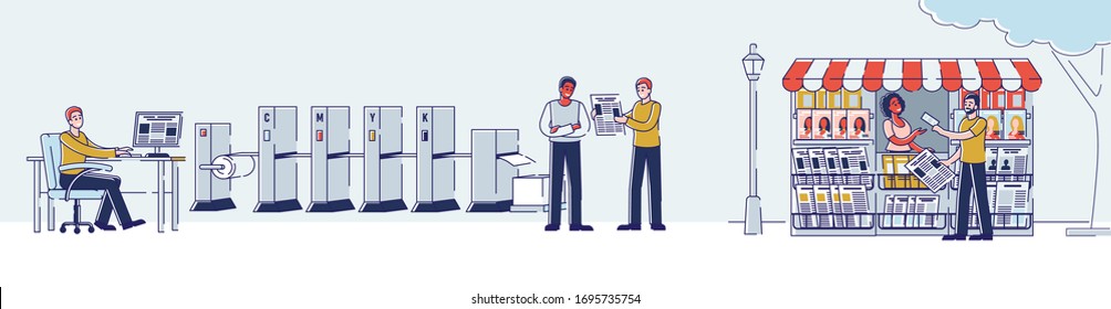 Press Media Industry, Newspaper Production Process. People Work In Printing House, Create Of Template, Print With Machine, And Get Fresh Newspapers. Cartoon Linear Outline Flat Vector Illustration