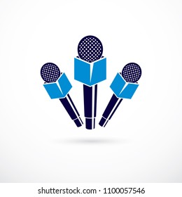 Press microphones vector illustration, isolated on white. Journalism concept.