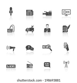 Press news  broadcasting newspaper reporter microphone and computer chat bubble design graphic isolated illustration icons set