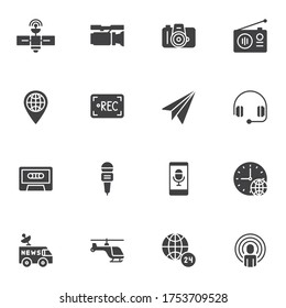 Press news vector icons set, journalism modern solid symbol collection, filled style pictogram pack. Signs, logo illustration. Set includes icons as camera, radio, satellite broadcasting, microphone 