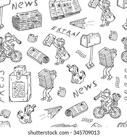 Press.  Newspapers.  Vector Seamless pattern: stacks and rolls of newspapers, postman, paperboys, newspaper vending machine, mailbox - Hand Drawn Doodles illustration