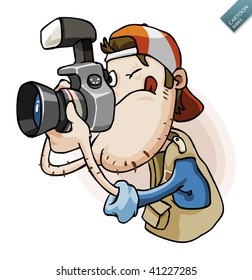 Press Paparazzi holding camera. Detailed vector illustration isolated in white.