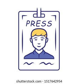 Press Pass Blue Color Icon. Journalist, Reporter ID Badge. Press Identification Card. Backstage VIP Entry Permit, Conference Entrance Ticket. Corporate Pass Holder. Isolated Vector Illustration