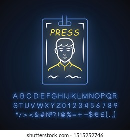 Press Pass Neon Light Icon. Journalist, Reporter ID Badge. Press Identification Card. Backstage VIP Entry Permit. Glowing Sign With Alphabet, Numbers And Symbols. Vector Isolated Illustration