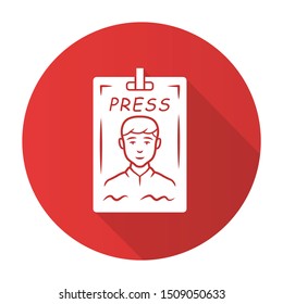 Press Pass Red Flat Design Long Shadow Glyph Icon. Journalist, Reporter ID Badge. Press Identification Card. Backstage VIP Entry Permit, Conference Entrance Ticket. Vector Silhouette Illustration