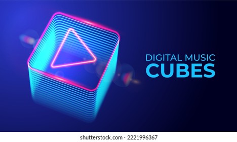 Pulse para jugar. Cubo digital brillante neón con icono de juego. botón 3d de ciberinicio. Juegos, cine, música, fondo de tv con botón de reproducción brillante. Elemento de diseño de vectores.