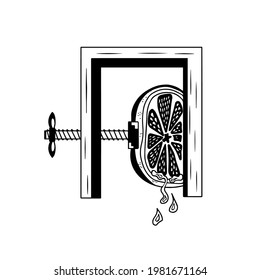 The press presses on the orange or lime to squeeze out the juice. Hand-drawn black and white graphic vector illustration. Isolated outline design. Archaic juicer for logo, icon, banner.