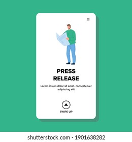 Press Release Article Reading Young Man Vector. Press Release Important Information Or Announcement Publication Read Businessman In Newspaper. Character Boy Web Flat Cartoon Illustration