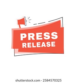 Press release banner announce label flat design graphic element. marketing sign white background isolated vector template.