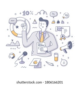 Press Release. Businessman Highlights The Advantages Of Company Product Or Service Presents The Report Of Business Efficiency. Concept Of Marketing And Public Relations. Doodle Abstract Illustration