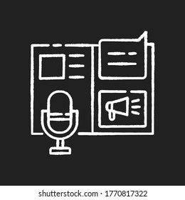 Press release chalk white icon on black background. Promotion through announcement. Public relation. Journalism in social media. Marketing for brand. Isolated vector chalkboard illustration