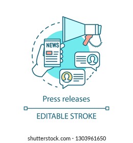 Press release concept icon. Internet marketing idea thin line illustration. Promotion. Advertising campaign. Vector isolated outline drawing. Editable stroke