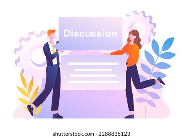 Press release concept. Man and woman standing next to speech bubbles. Communication and interaction between business and customers. Advertising and announcement. Cartoon flat vector illustration