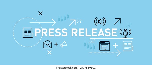 Press Release conceptual communication update newspaper information announcement social media reportage publish business society design icon outline set collection