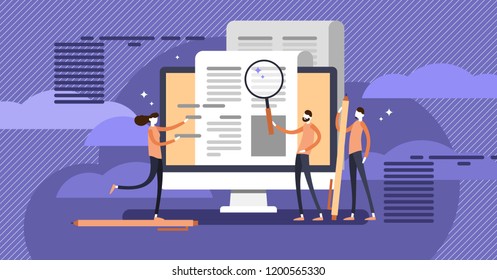 Press release copywriting flat concept vector illustration, group of people making research and composing marketing text for publication. Company or product announcement online or in other media.