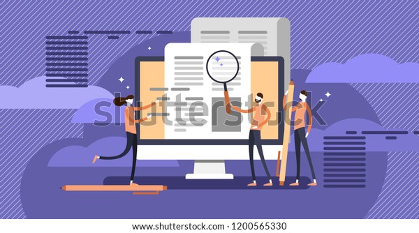 Press release copywriting flat concept vector\
illustration, group of people making research and composing\
marketing text for publication. Company or product announcement\
online or in other\
media.