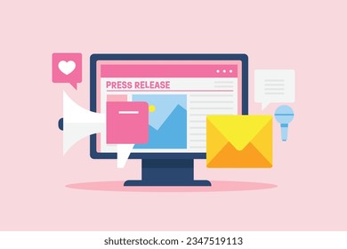 Press Release. Digital PR, content marketing. Online journal, publication, Website News  Email messages, Social media promotion. Vector illustration banner with icons