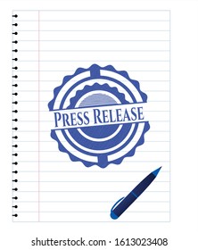 Press Release emblem draw with pen effect. Blue ink. Vector Illustration. Detailed.
