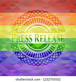 Press Release emblem on mosaic background with the colors of the LGBT flag